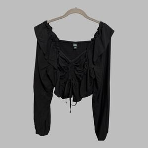 Wild Fable Black Ruffle Crop Smocked Top Long Sleeve Goth Grunge Juniors Size L